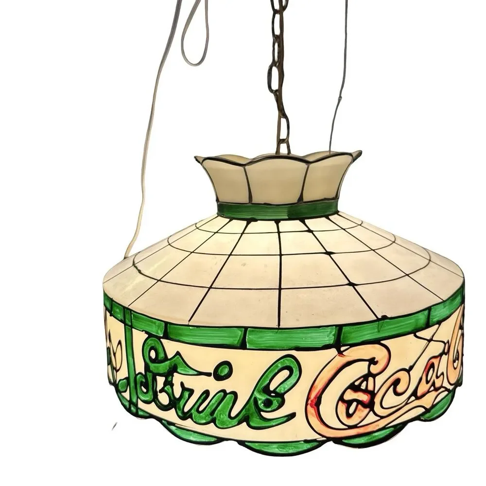 Vtg Faux Stained Glass‎ Tiffany Hanging Ceiling Light Lamp Shade Coca Cola 17”